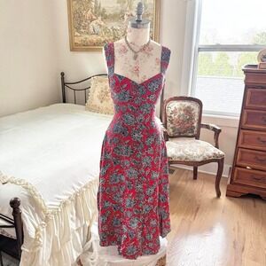 90s red floral midi dress Moda International size 12
